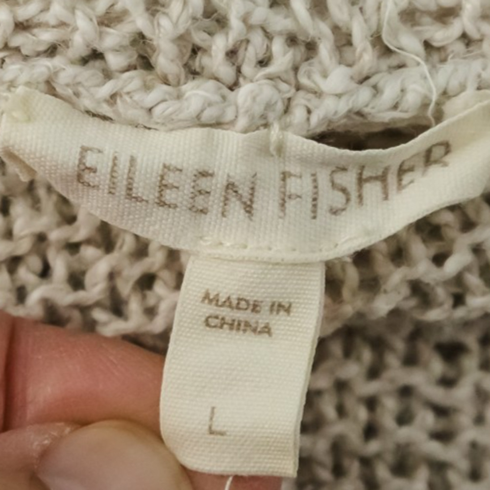 Eileen Fisher Size Large L Cream Hoodie V Neck Open Knit Linen Cotton Sweater - Picture 4 of 7